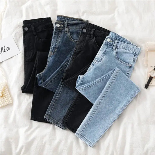 High waist Jeans 38 Women's Spring Autumn New Slim Skinny Pants Casual Women Denim Trousers Black Female Stretch Pencil Jeans