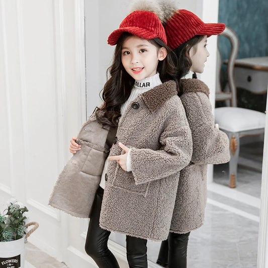 New Arrival Girls Thickening Mid-Long Lamb Wool Overcoat Fall Winter Children's Outerwear Coat Clothes Kids Berber Fleece Jacket With Pocket B353