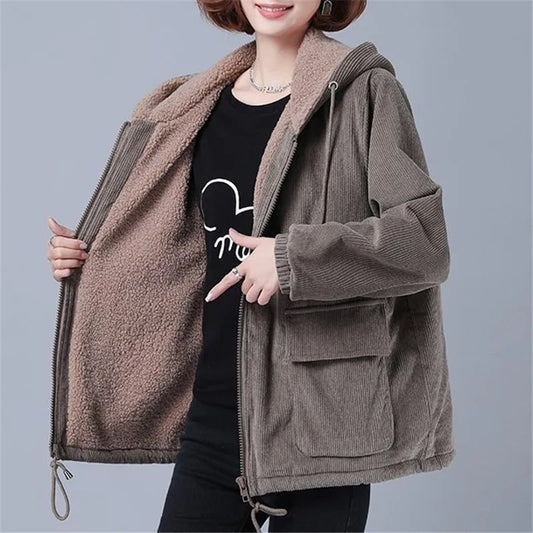 2024 New Fashion Plus velvet Thick Short Jacket Women's Warm Corduroy Hooded Coat Plus size Zipper Cotton Outerwear Female Tops