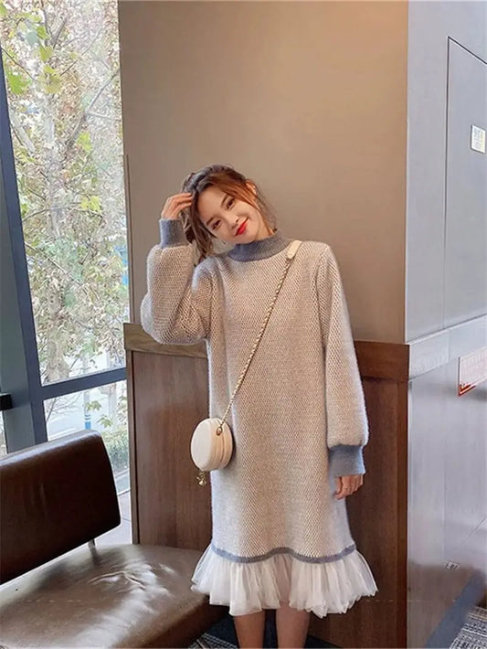 Vintage Plaid Knitted Sweater Dress For Fall And Winter Long Korean Women Gauze Stitching Hem Mink Velvet Warm Pullover M1157