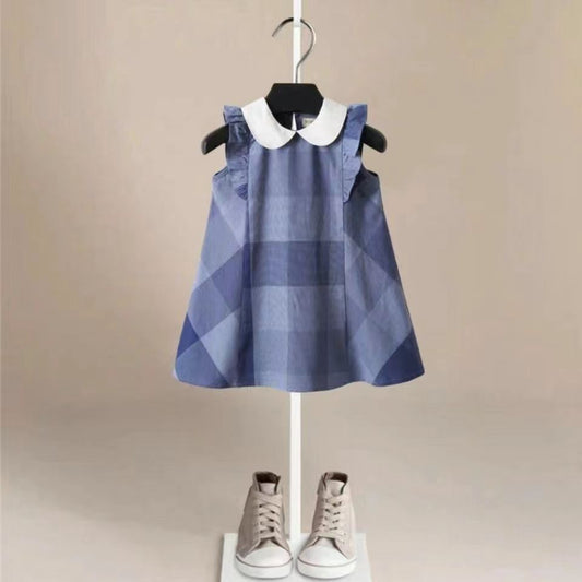 Summer 2024 New Girls Sleeveless Vest Skirt Lapel Children's Dress Cute and Sweet Pleated Skirt British Style