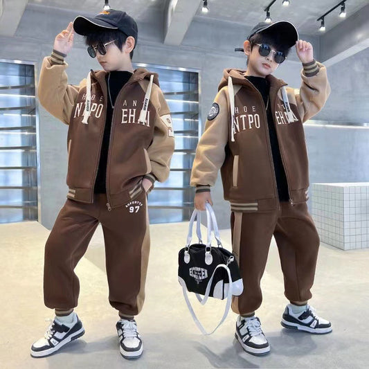 Boys' Autumn Suit 2023 New Middle-to-Large Kids Boys Winter Fleece Thickened Cool and Handsome Autumn and Winter Sports Trend