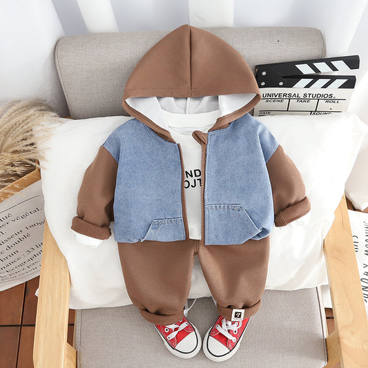 Boy's autumn suit foreign Korean version baby 2024 new spring and autumn baby splicing long-sleeved three-piece trend