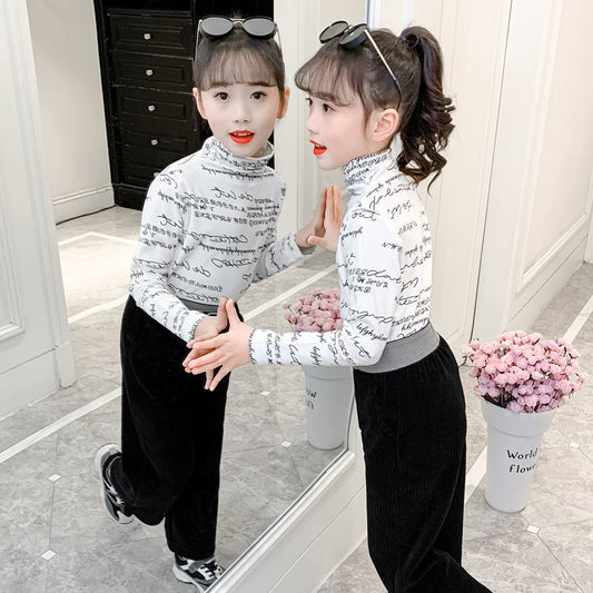 Girls' long-sleeved T-shirts, English tops, spring and autumn new children's T-shirts, tops, foreign tops, velvet base shirts, and wear them outside