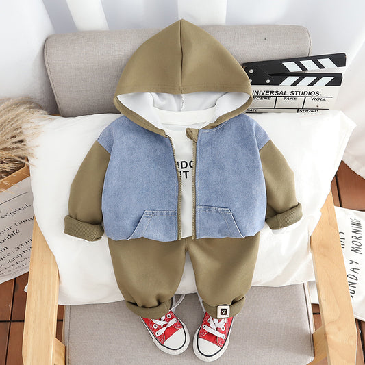 Boy's autumn suit foreign Korean version baby 2024 new spring and autumn baby splicing long-sleeved three-piece trend