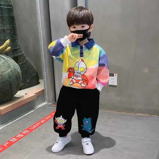 Ultraman Boys Spring Suit 2024 New Fashionable Children's Spring and Autumn Polo Shirt Casual Sweatshirt Two-Piece Set