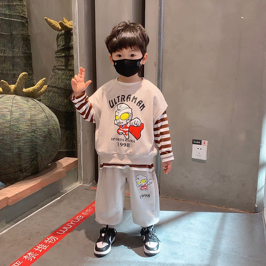 Boy's sweatshirt set spring and autumn clothes 2024 new foreign baby boy Ultraman clothes children's spring three-piece set