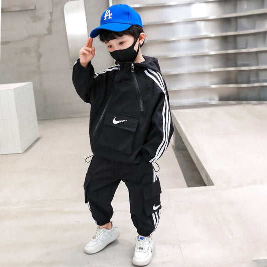 Boys pull sleeve broken hook casual suit spring and autumn children's handsome sweatshirt two-piece set for small and medium-sized children's clothes foreign trade