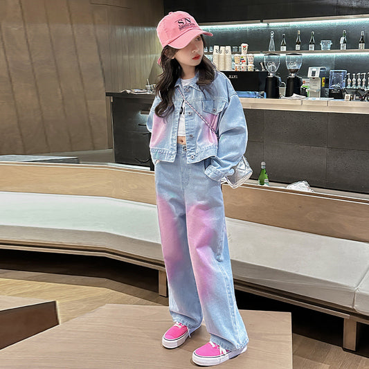 Girls' Spring and Autumn Suit 2024 New Foreign Fashionable Middle-aged and Fashionable Middle-aged and Big Children's Spring Clothes Dopamine Spray Color Denim Two-Piece Trend