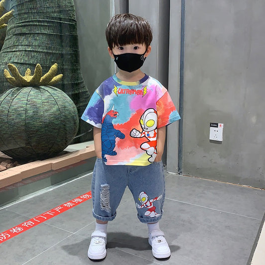 Ultraman Clothes Boys Summer Clothes Set 2024 New Trendy Boys Children's Baby Summer Internet Celebrity Short Sleeve Children's Clothes