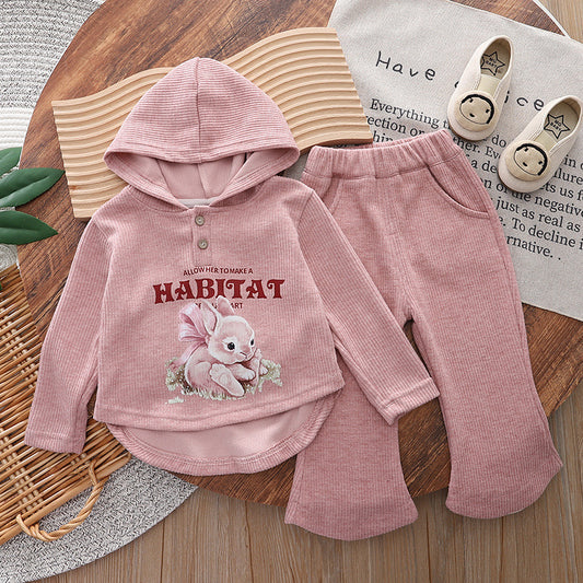 Girls spring clothes college style suit long sleeve hooded sweatshirt children's two-piece set foreign children's spring and autumn baby tide