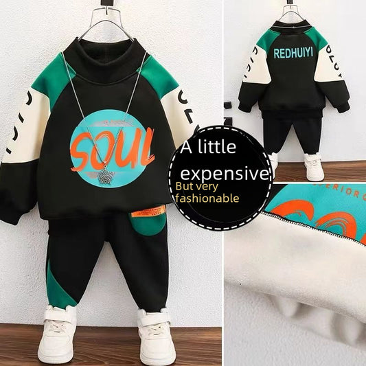 Boy's velvet sweatshirt set 2024 new autumn and winter trendy children's clothes, children's Internet celebrities, handsome and foreign children's clothes