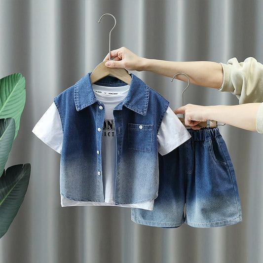 Boys' short-sleeved shirt set, 24 new foreign baby summer clothes, handsome clothes, children's Internet celebrity denim three-piece set