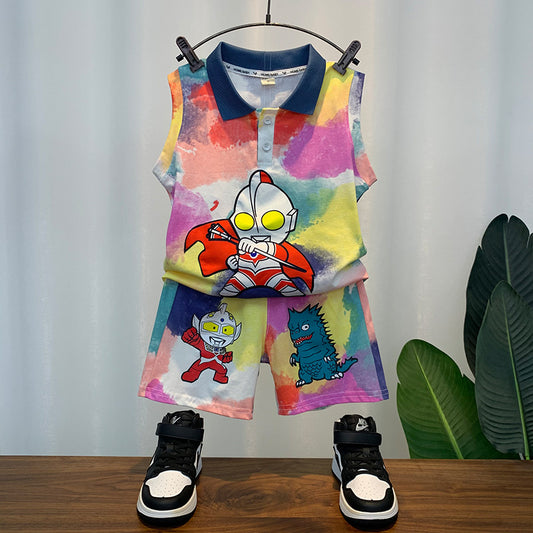 Boys' Ultraman summer clothes set, foreign style, thin polo shirt, children's summer sleeveless vest, sports children's clothes