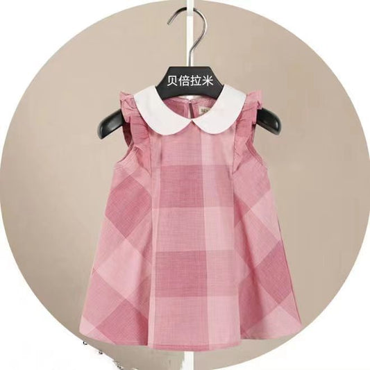 Summer 2024 New Girls Sleeveless Vest Skirt Lapel Children's Dress Cute and Sweet Pleated Skirt British Style