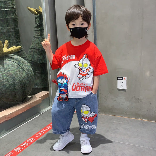 Ultraman Boys Short Sleeve Set 2024 New Handsome Boy Children's Clothes Summer Baby Foreign Fried Street Two-Piece Set