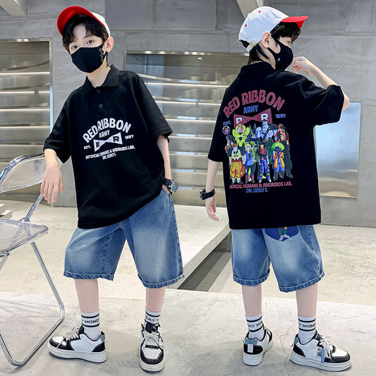 Boy's Summer Set 2024 New Arrival, Cartoon Anime Printed POLO Shirt, Short Sleeve Denim Shorts, Two Piece Set, Fried Street