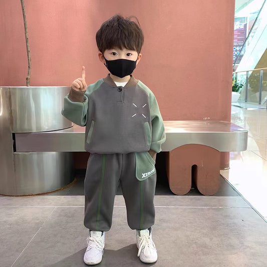 Children's Clothes Boys Spring and Autumn Outfit 2024 Handsome Children's Plankton Autumn Outfit Fried Street Sports Men's Treasure Sweatshirt Two-Piece Set