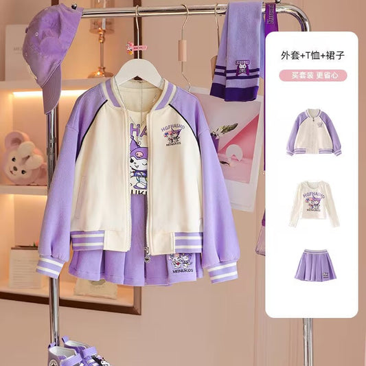 Three-piece set of girls' baseball uniforms, spring and autumn suits, kulomi jackets, pleated skirts, CUHK children's college style elementary school students