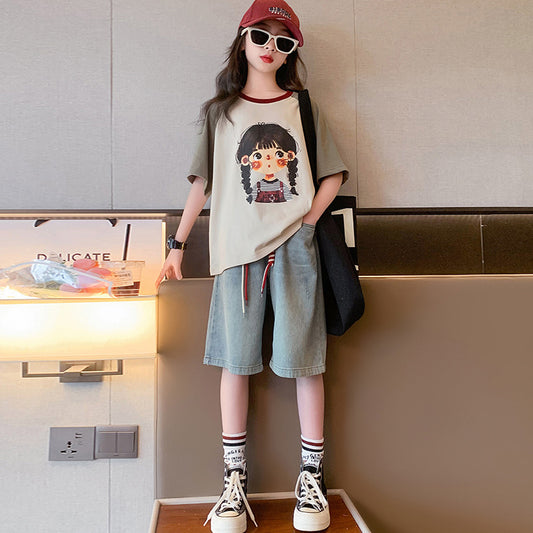 Girls' Summer Set 2024 New Internet Celebrity Fashionable Foreign Female Children's Clothes Summer Cotton Short Sleeve T-Shirt