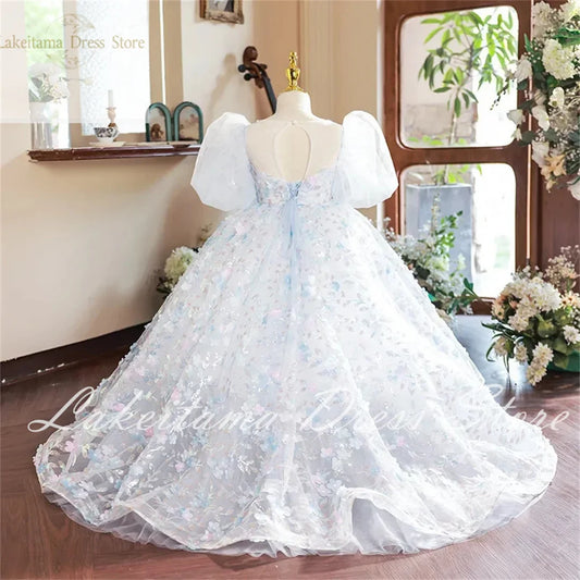 Flower Girl Dresses White Fluffy Tulle Applique Lace Wedding Cute Flower Child First Communion Birthday Party Dress Girl Gift