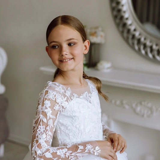 White Tulle Flower Girl Dress For Wedding Lace Applique Floor Length Full Sleeves Princess Kids Birthday First Communion Gown