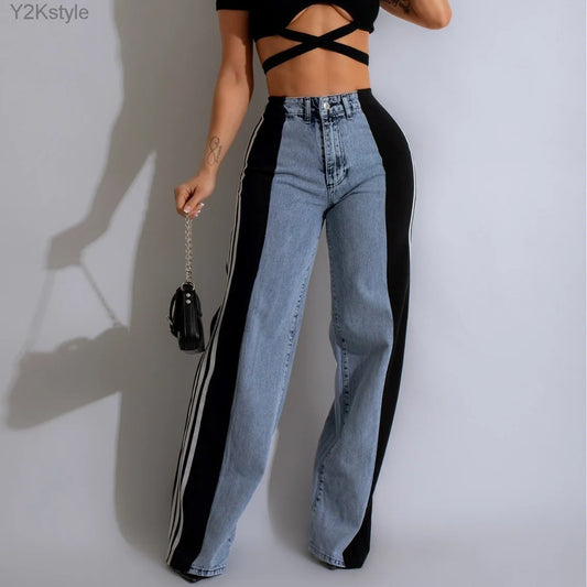 Vintage Streetwear Baggy Jeans Woman High Waist Stripe Splicing Straight Loose Wide Leg Denim Trousers Boyfriend Cargo Pants y2k