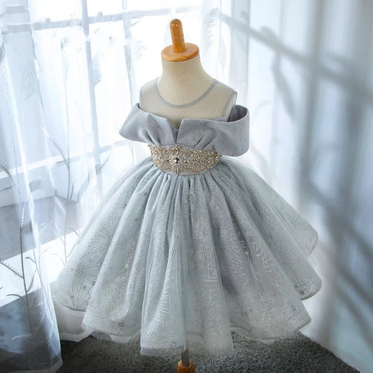 Off Shoulder Gray Girls Formal Dress Beading Luxury Princess Party Dress Birthday Gift 2-8 Years Old Flower Girl Dresses