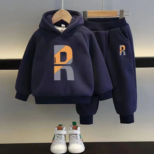 Autumn Kid Boy Clothes Set Plus Velvet Warm Sweatshirts Pullover Top and Pants Bottom 2pcs Suit Children Outfits Tracksuits Kids