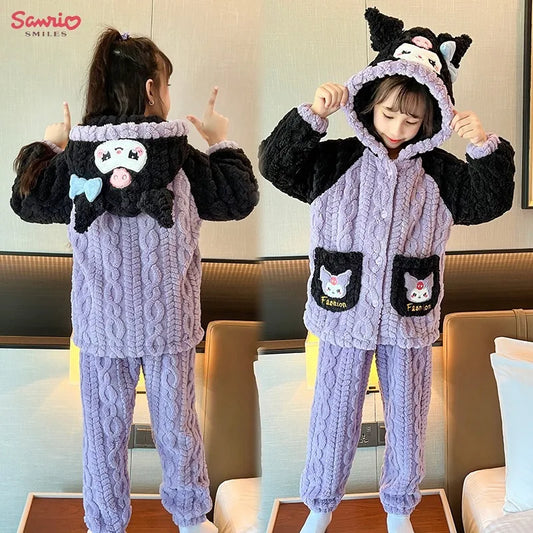 Sanrio Kuromi Autumn Girl Clothing Cinnamoroll Children My Melody Flannel Cotton Pajama Casual Anime Long Sleeved Pyjama Winter