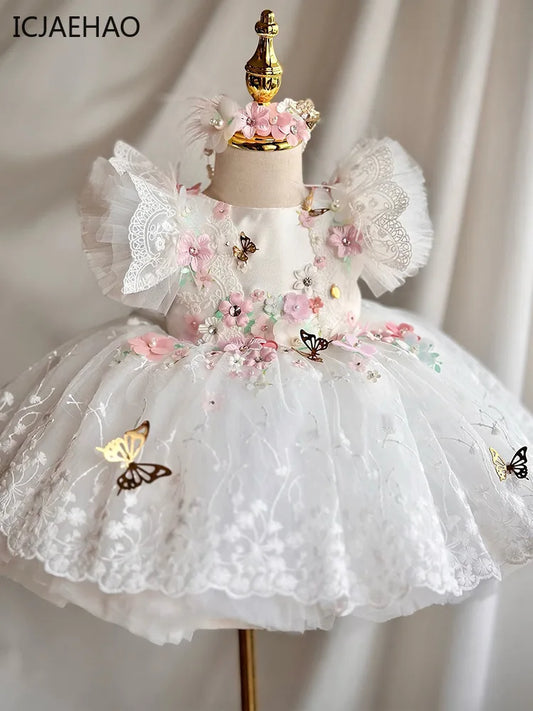 ICJAEHAO Gorgeous Lolita Princess Dress Matching Baby Girl's White Flower Mesh Wedding Fluffy Formal Clothes for 2-10 Years Old