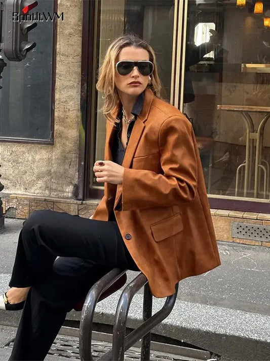 Women Retro Brown Lapel Blazer Jacket Fashion Single Breasted Long Sleeves Office Suit Coats Autumn New Lady Commute Outerwear