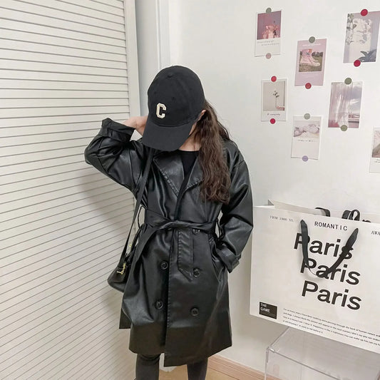 Korean Style Autumn Winter Girls Coats Pu Leather Jackets with Pockets Double Breasted Trench with Waistband Kids Outwears