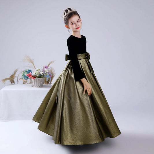 Dideyttawl Flower Girls Dress For Party Long Formal Pageant Gown Vintage Velvet Long Sleeve Shining Satin Junior Bridesmaid