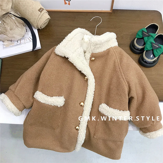 Down Girl Loose Coat Plush Autumn Winter New Lamb Cashmere Long Baby Childrens Clothing Simple Fashion Pocket 2024