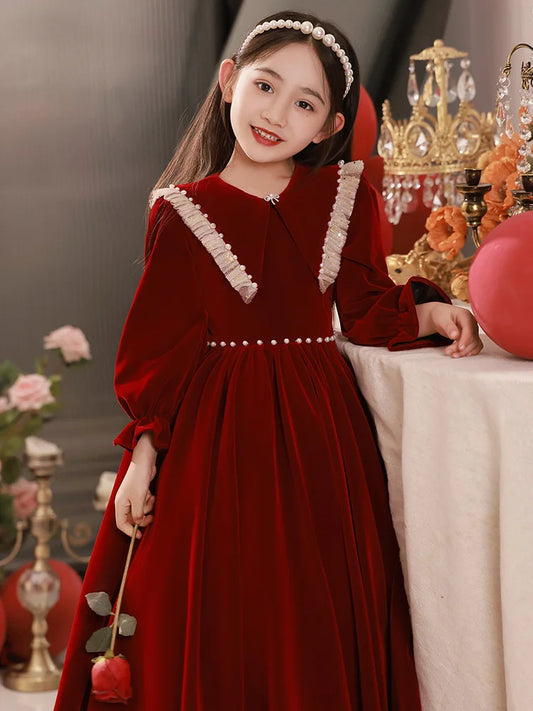 2024 Teenmiro Designer Christmas Party Dress for Girls Kids Wine Red Beading Velvet Dresses Children Elegant Vintage Ball Gowns