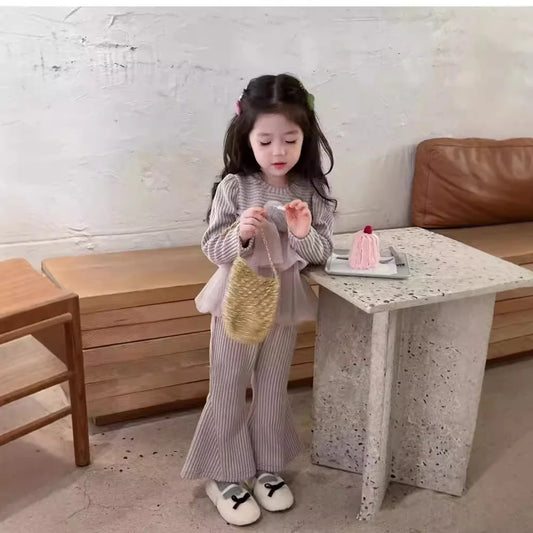 Girls Spring and Autumn Suit 2024 New Baby Girl Korean New Style Flared Pants Two-piece Set Children Fashionable Autumn Clothes