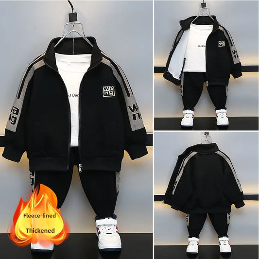 Boys Fleece-lined Thickened Cardigan Top Pants 2-piece Set Autumn/winter New Version Versatile Stylish Sports Casual Pants Suit