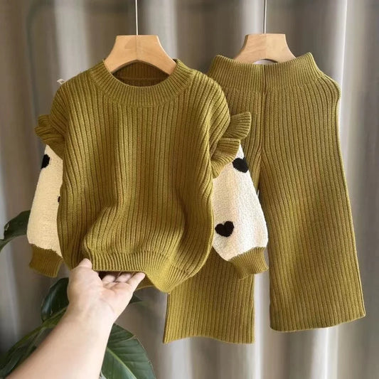 Children's Clothing Girl's Sweater Set Girl's Baby Top Wide Leg Pants Autumn And Winter Knitted Sweater Stylish Two-piece Set