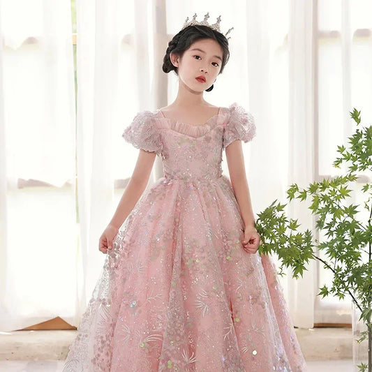 Kids Evening Gowns Embroidered Lace Long Princess Dresses Elegant Girls Formal Prom Dresses 3-15Y Birthday Banquet Clothes