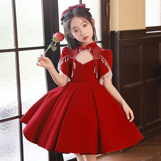 Girls Elegant Red Princess Ball Gown Children Birthday Baptism Party Wedding Piano Performance Dress y1042