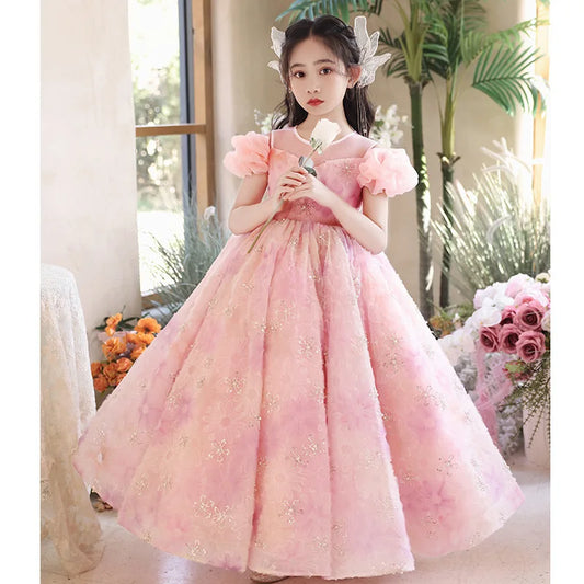 Sequin Children Evening Dresses for Girls 3-10Years Kids Birthday Party Luxury Ball Gown Wedding Prom Formal Pink Flower Dress