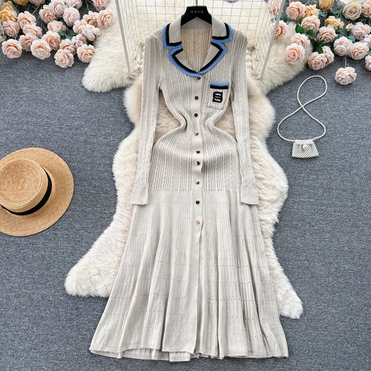 Elegant V Neck Single Breasted Embroidery Long Sleeve Knit  A-line Dress Slim Fashion Sweater Sexy Women Autumn Winter Clothing