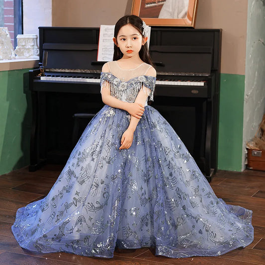 Fashion Ball Gown Baby Flower Girl Dresses Tulle Court Train Tassel Children Wedding Birthday Party Gowns