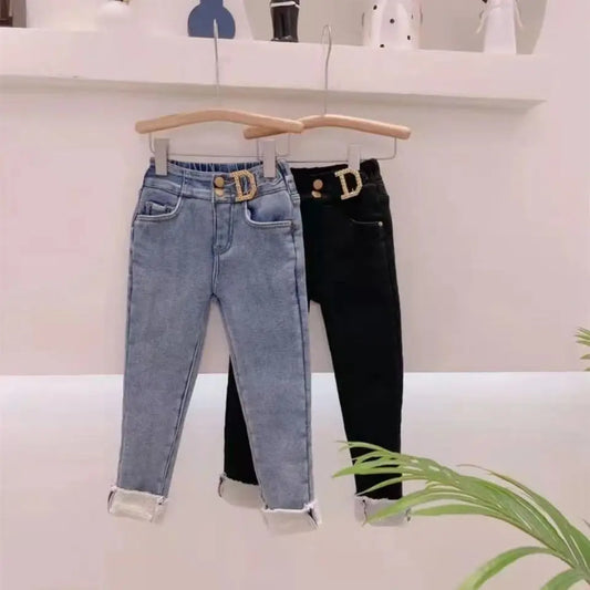 Kids Girls Jeans Autumn And Winter Thickened One Piece Plush New Small And Medium Girl Baby Pants Fashionable  Children's Pants