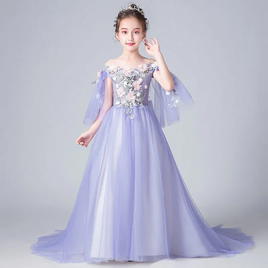 Flower Girls Very Elegant Dress Little Girls Tutu Off Shoulder Beauty Game Long Prom Dresses School Graduation Party Ball Gown