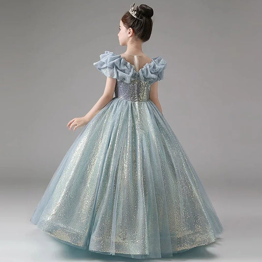 Kids Blue Princess Dress for Girls Children Birthday Party Sequin Long Evening Gowns Formal Prom Luxury Pageant Gala Dresses