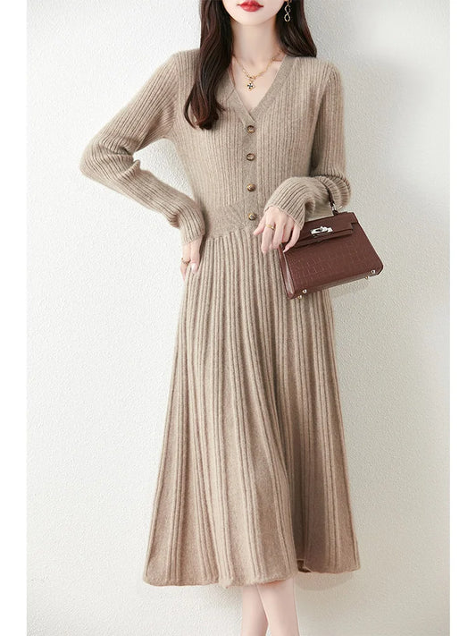 Women's Pure Wool Knitted Dress, V-Neck, Buttoned, Striped, Casual, Fashionable, Warm, 2024 Autumn And Winter