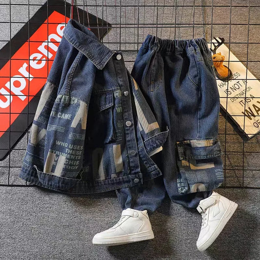 Autumn and Winter Boys' Clothes Set Boys' Denim Suit Childrens Trousers Boy's Fashion Clothes Two-Piece Kids Outfits 2024 New