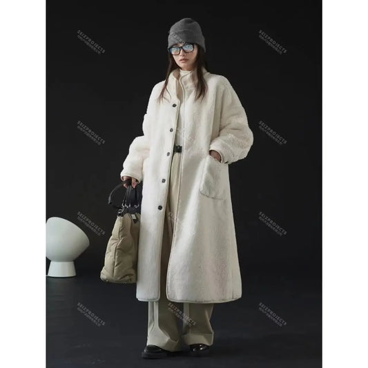 New Winter Style Korean Chic Stand Collar Lamb Wool Coat Thick Warm Jacket For Women Loose Fit Other Pattern Overcoat